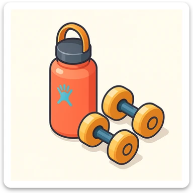 isometric 3d illustration of a hydroflask and dumbbells, vibrant colors, no text sticker