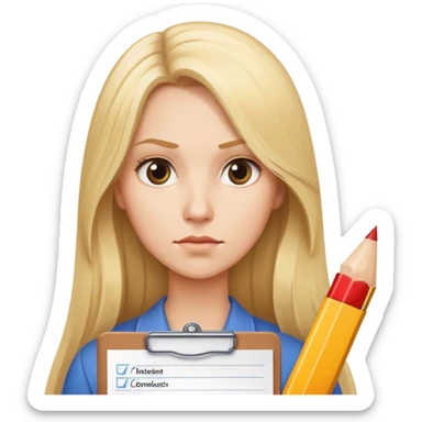 Woman with long blonde hair holding a checklist, looking serious at it sticker