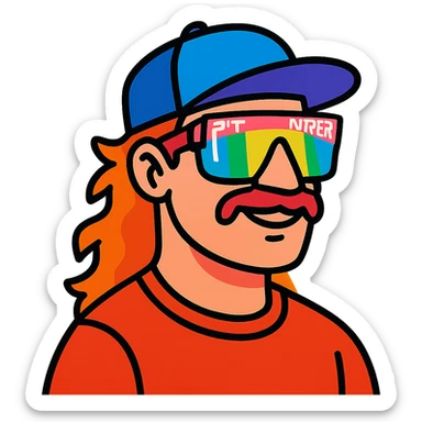 vibrant toon style guy with mullet and baseball cap, wearing polarized Pit Viper glasses sticker