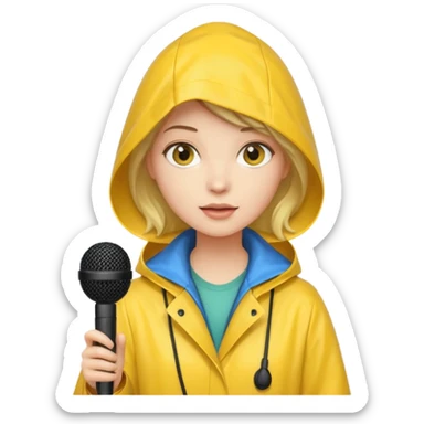 womanwith rain coat and microphone sticker