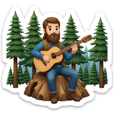 forest sticker character, bearded man with long brown hair playing acoustic guitar by pine trees sticker