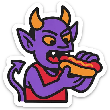 purple devil eating a hotdog sticker