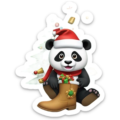 Panda wearing cowboy boots with a Santa hat on, sitting in a Christmas tree, holding a Christmas	 cracker, and make all of this look under the sea sticker