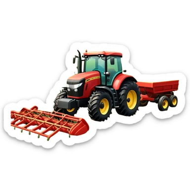 An icon representing a Farming Simulator 22, with a detailed tractor, plowing fields under a bright sky with a colorful rural landscape. The design includes farming tools, crops and barns, symbolizing the immersive experience of managing a farm. Transparent background. sticker