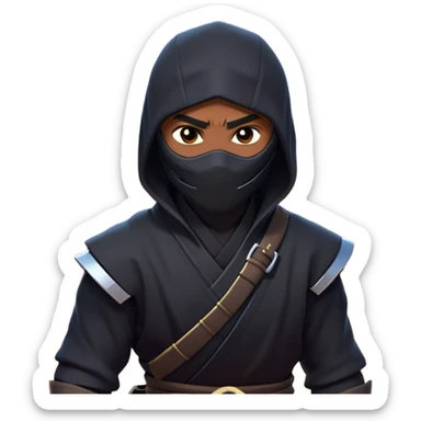 clash-of-clans-aesthetic_-cinematic-mysterious-male-ninja-portrait-emoji, rendered in a flat, vector-style with minimal shading and bold, simplified shapes, with a head slightly turned revealing intense, focused eyes, perched riding on an agile trained panther with glossy fur moving silently through shadowed urban rooftops and moonlit alleyways. sticker