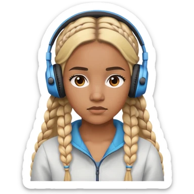 "- Nữ
- 20 tuổi
- Da nâu
- Tóc tết 2 bím, tóc vàng
- Đeo tai nghe
- Mặt nghiêm túc
" sticker