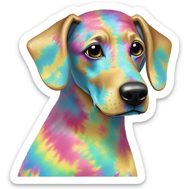 Multicolored rainbow retro groovy tie dye hippie trippy floral patterns on a metallic holographic iridescent blue dog face head unicorn sticker
