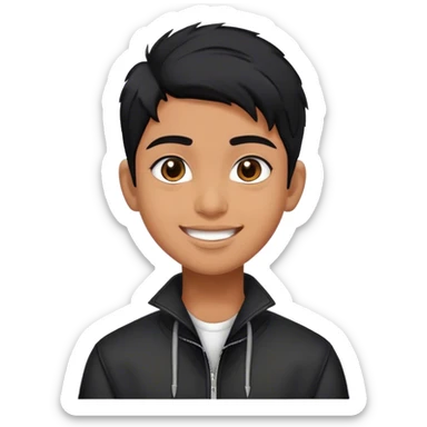 Cheerful Indian teenager with black hair . He's wearing a black jacket sticker