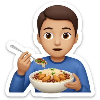 Create a person having lunch. Not a sandwich. Rice, beans and chicken. sticker