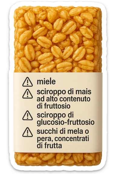 SU QUESTO STILE FAI UN EMOJI STILE IPHONE 3D DI UNa barretta ai cereali con ETICHETTA CON GLI INGREDIENTI SCRITTI, "miele, sciroppo di mais ad alto contenuto di fruttosio, sciroppo di glucosio-fruttosio, succhi di mela o pera,
concentrati di frutta" accanto ad ogni nome scritto mettici un segnale di allarme, FALLO MOLTO REALISTICO IN 3D sticker