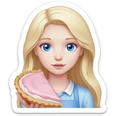 Blonde girl with pale skin and long hair and blue eyes with a light pink pie  sticker