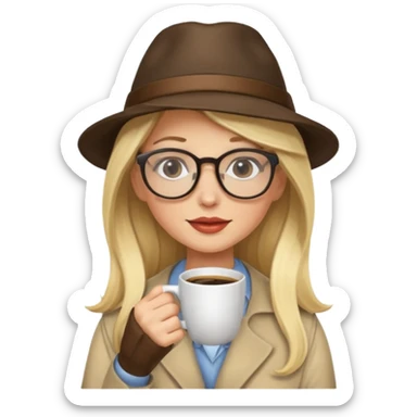 long hair blonde woman drink coffe with hat and glasses sticker
