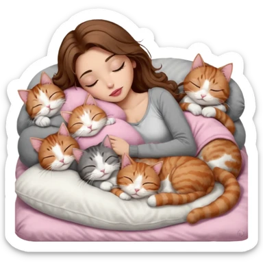girl with long wavy brown hair, brown eyes, long lashes makeup, sexy pink lips, light to medium complexion,  sleeping on a cozy pillow, with 6 cats: 1 brown and white tabby cat, 1 ginger and white, 2 grey and white, 1 grey with white mittens and small white patch on chest and 1 calico, sleeping sticker