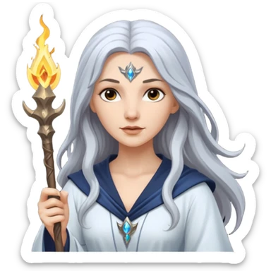 White silver Long Haired Women, Sorceress with staff — flowing white hair, calm face. sticker