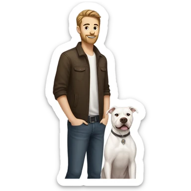white male with dark brown hair and a lightly scruffy beard shadow standing alongside a white pitbull sticker