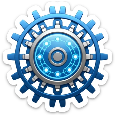 gear with circuit-style connected nodes, representing global system configuration and connectivity. sticker