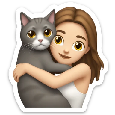 White girl with brown hair hugging grey cat sticker