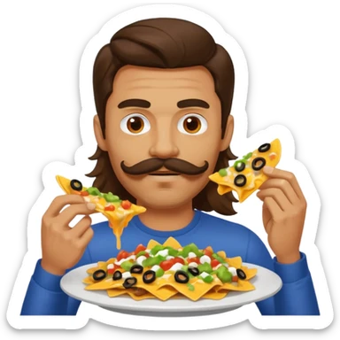 ripped guy with long hair and mustache eating nachos sticker