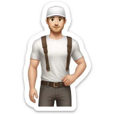 Pale skinned fit Man with dark brown hair in a light gray cap, dark brown jeans, brown polo and white T-shirt keeping a pasted with tape white box into his hands sticker