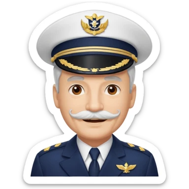 A light-skinned mid-aged man with brown eyes and white mustache, smiling while wearing a white captain’s hat with a navy emblem. sticker