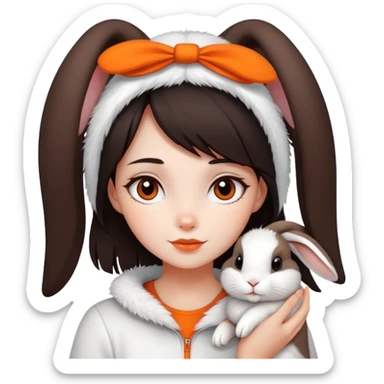 Dark brown hair girl with her white hair rabbit. The rabbit has a orange line in its head sticker