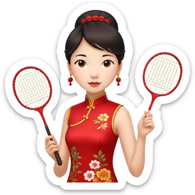 ancient cheongsam girl with 1 badminton racket, red sticker