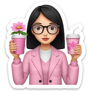 Chica de pelo negro ojos negros y piel morena con lentes oversize square con ropa bonita m pantallas pequenas de cristal , en la mano derecha una taza de cafe en color rosa con una flor negra de diseno. Sentada mirando la television. sticker