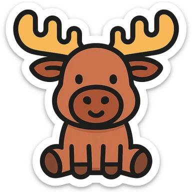 cute cartoon moose icon, rounded shapes, friendly expression, large antlers, modern icon style sticker