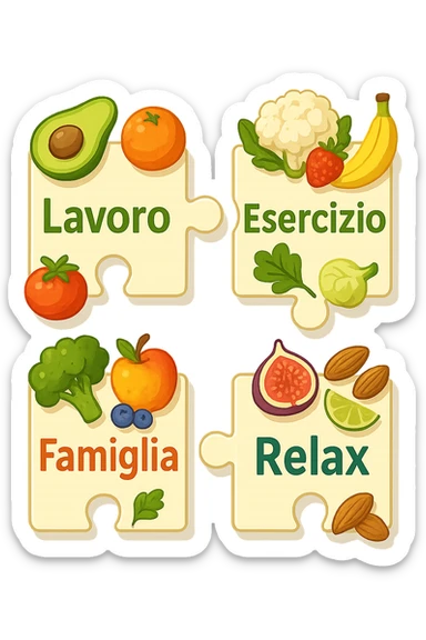 Puzzle (Lavoro, Esercizio, Famiglia, Relax), and healthy foods are integrated into each piece. in italiano sticker