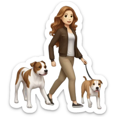 White woman with long wavy brown hair walking tan and white pitbull sticker
