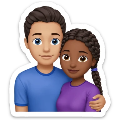 Boyfriend who is medium tan olive skinned with blue eyes and wavy straight brown hair in a blue shirt and his girlfriend who is dark skinned, juicy lipped with black braided hair and the two are hugging and smiling she’s wearing purple and she has black eyes sticker