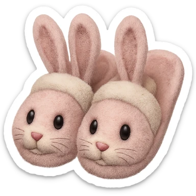 Make the light pink bunny slippers with floppy ears look fuzzy in the style of emoji, with no background. sticker