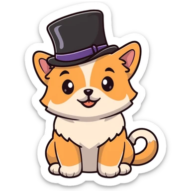 cute small dog with plain light tan fur, black nose, black round eyes, curly fluffy medium length hair, wearing a top hat sticker