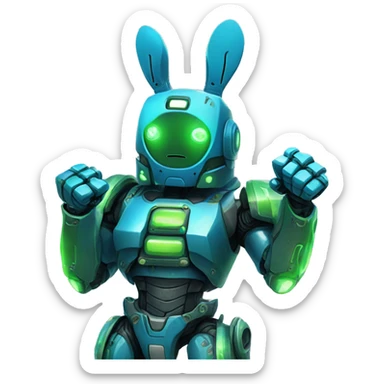 a blue and green robot rabbit has a fist in the air, cyberpunk sticker