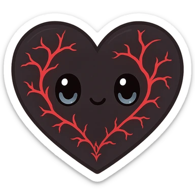 black gothic heart with glowing red veins, ornate, dark, elegant, kawaii style sticker