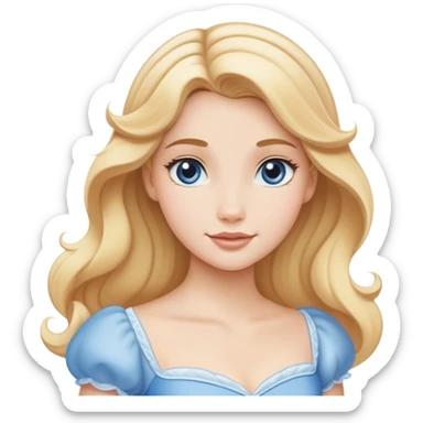 Cinematic Serene Cinderella Portrait Emoji, rendered in a realistic, vector-style with minimal shading. Depict a gentle Cinderella (chest and above) with porcelain skin, smooth blonde hair falling in soft waves, and calm, inviting eyes. Dressed in her modest daytime dress, she exudes quiet grace and pure enchantment, highlighted by a soft glowing outline. sticker