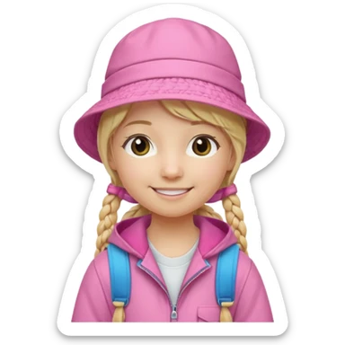 Little student, long braid blonde, wears pink bucket hat and jacket, backpack, happy sticker