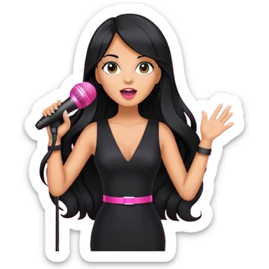 pink microphone, music, singing, long black hair tanned woman, black glam dress sticker