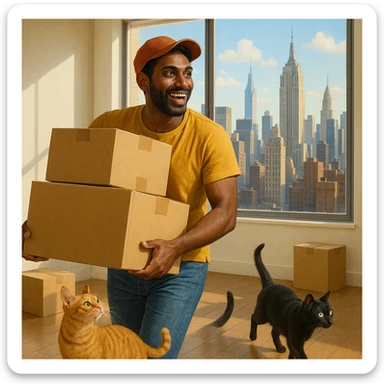 An Indian Black man with his two cats moving into a New York City apartment, showing boxes, city skyline, and excitement sticker