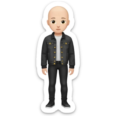  a young man with bald head, black jeans jacket sticker