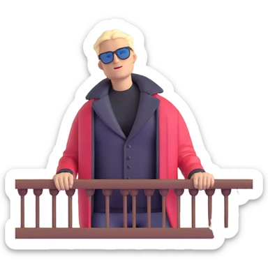 guy on balcony in winter with open jacket showing bare chest, wearing sunglasses, view from below sticker