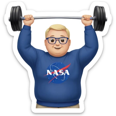 happy chubby man, lifts weights over the head,  blond short and hight receding hairline, wearing a dark blue sweatshirt, nasa logo on the sweatshirt, round glasses without frame, 40 years old sticker