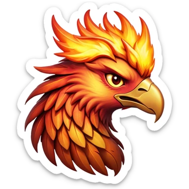 Cinematic Fierce Battle-Hardened Mystical Fire Phoenix Portrait Emoji, head tilted with an aggressive, unwavering gaze that speaks of relentless combat. The flame-kissed form is marked by rugged, charred feathers and vivid battle scars. Its blazing eyes radiate raw intensity and steely resolve, rendered with lifelike detail and stark natural lighting, high shine, channeling an aura of unyielding warlike energy and valor, softened by a dynamic glowing outline that highlights its battle-earned ferocity. sticker