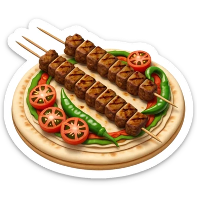 Adana kebab object icon, spicy grilled minced meat skewer, served on flatbread, grilled tomatoes and green peppers on the side, smoky char marks, juicy texture, 3D cartoon, mobile game icon style, centered, clean background, no text, no watermark
 sticker