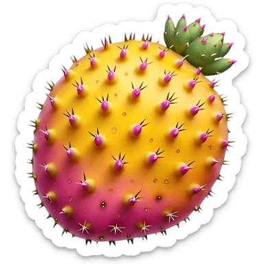 one whole prickly pear fruit with slightly oval shape, smooth skin dotted with tiny subtle spines, skin color vibrant pink to yellow-orange, halved version reveals vivid magenta or golden pulp speckled with small seeds, no cactus pads, knife, or extras, soft lighting, subtle shadows, emoji scale sticker