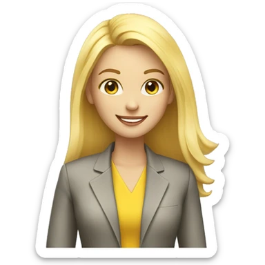 a beautiful girl wearing a yellow suit jacket. she has straight and blonde hair and she is smiling. she has a laptop in front of her sticker