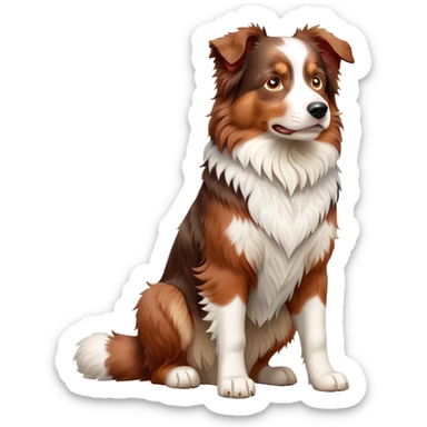 cinematic-[australian shepherd dog]-realistic-full-body-sitting-emoji,-tail-resting-loosely-beside-its-paws,-head-tilted-dramatically,-scruffy-[red merle]-fur,-simplified-yet-realistic-focused-features,-highly-detailed,-glowing-with-an-almost-sarcastic-glow sticker