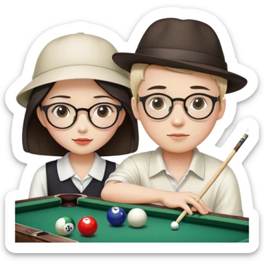 Chinese Girl with no glasses and young white man with a hat and glasses playing pool sticker