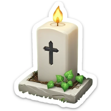 Gravsten med lite ivy som klättrar på den och framför i gräset på marken ett stående vitt brinnande blockljus sticker