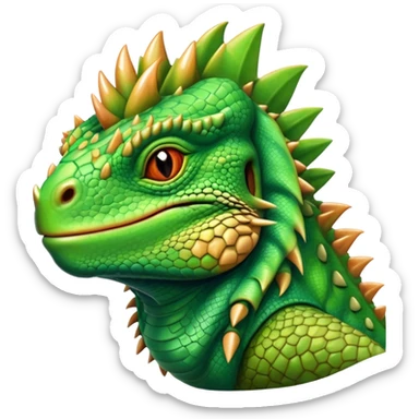 Cinematic Noble Iguana Portrait Emoji, Poised and majestic, with a robust, muscular build and a vibrant, scaly body accented by a prominent spiky crest and keen, observant eyes, Simplified yet sharp and sophisticated features, highly detailed, glowing with a soft, jungle radiance, high shine, intelligent and formidable, stylized with an air of ancient reptilian authority, focused and commanding, soft glowing outline, capturing the essence of a watchful guardian that appears ready to stride out of the screen with effortless might! sticker
